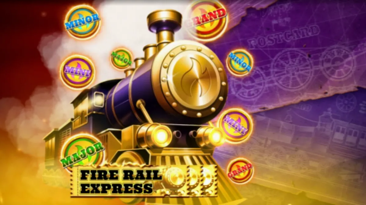 Tampilan visual mesin slot Fire Rail Express dengan tema kereta uap dan elemen steampunk.
