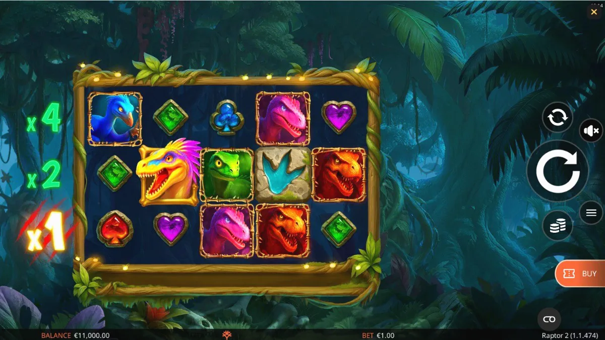 Tampilan visual slot Raptor 2 DoubleMax dengan tema hutan prasejarah dan simbol dinosaurus.
